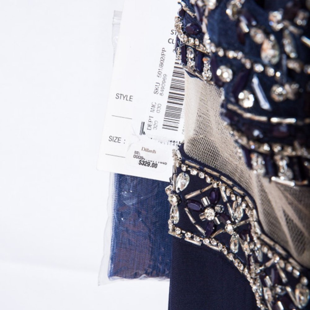Coya Long Beaded Formal Blue Halter High Neck Keyhole Dress NWT $329 XS - Picture 9 of 14